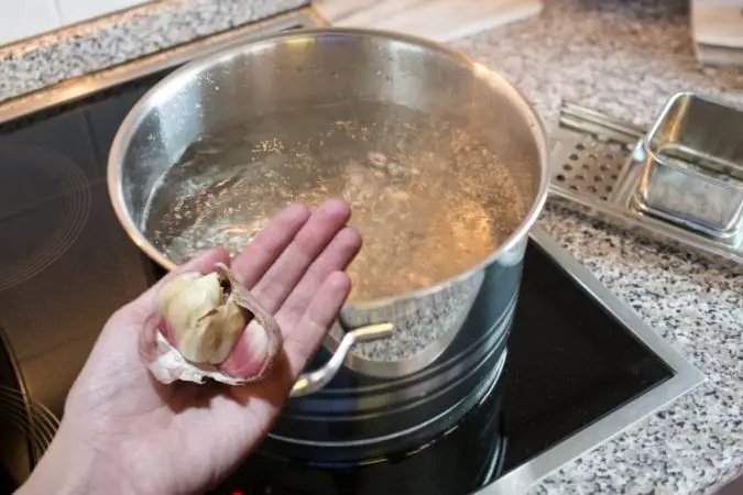 5 Knoblauchzehen in einem großen Topf kochen, fern von Eidechsen und Käfern!
